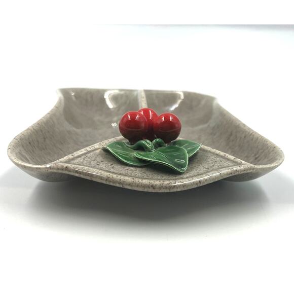 Vintage Speckled Stoneware Pottery Divided Serving Dish Holly Berry MCM Holiday - Picture 7 of 7